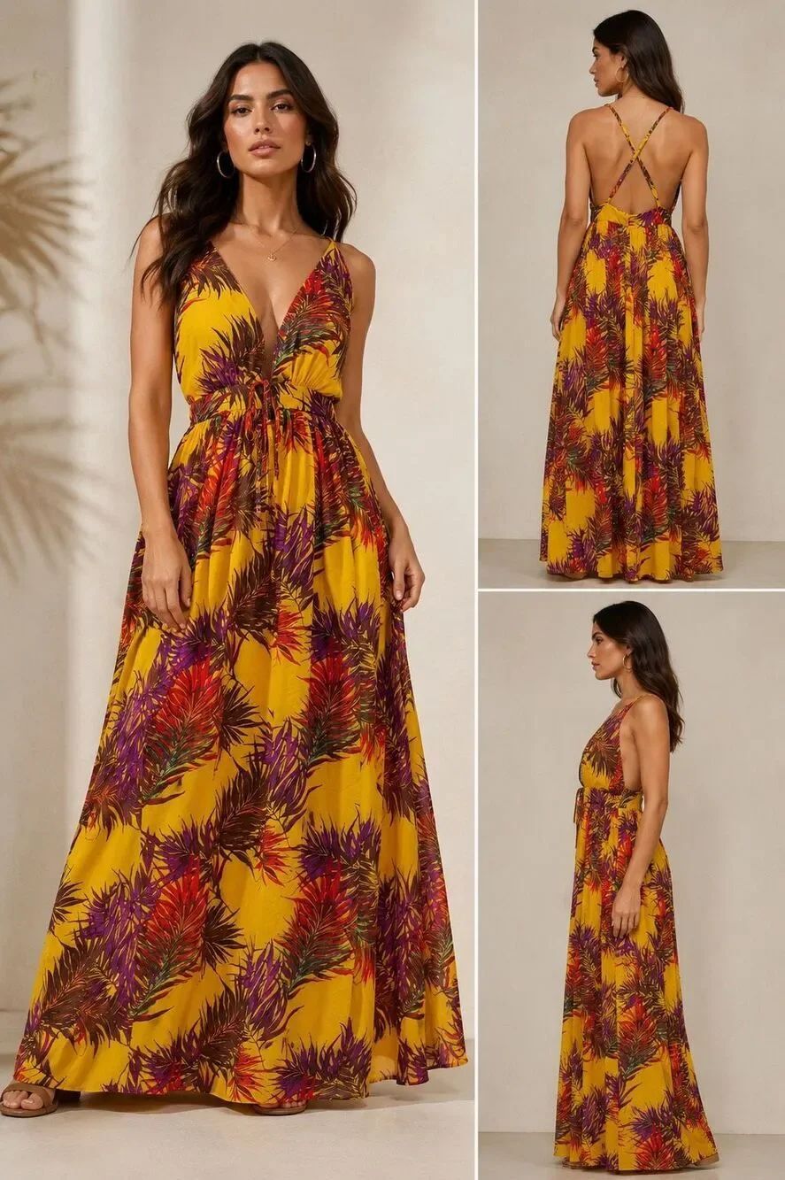 Womens Tropical Print Maxi Dress Deep V Neck Criss Cross Back L Made USA